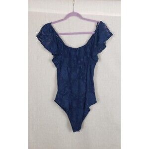 Band of Gypsies Bodysuit L Navy Blue Floral Off‎ Shoulder Whimsigoth Ethereal
